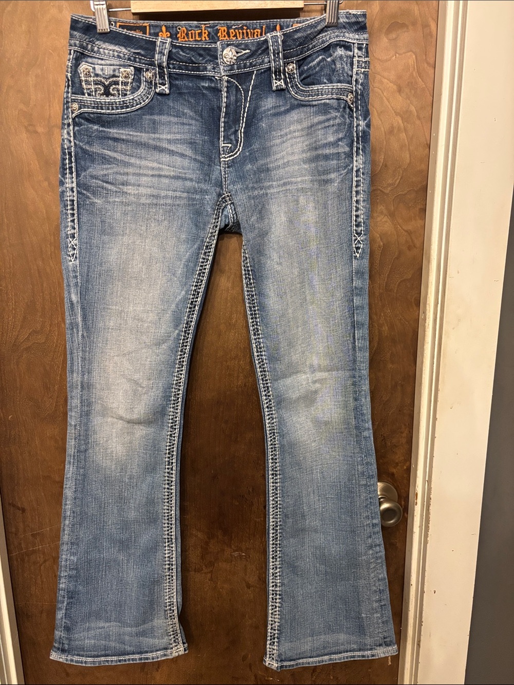 Rock Revival Light Blue Flared Jeans with Contrast Stitching